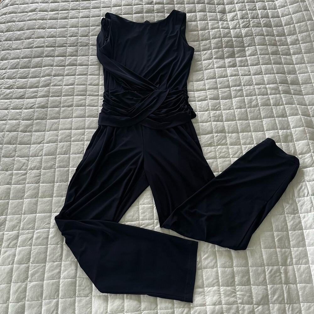 Vintage Sophia Christina Jumpsuit Womens 6 Navy Blue Ruched Draped Minimalist